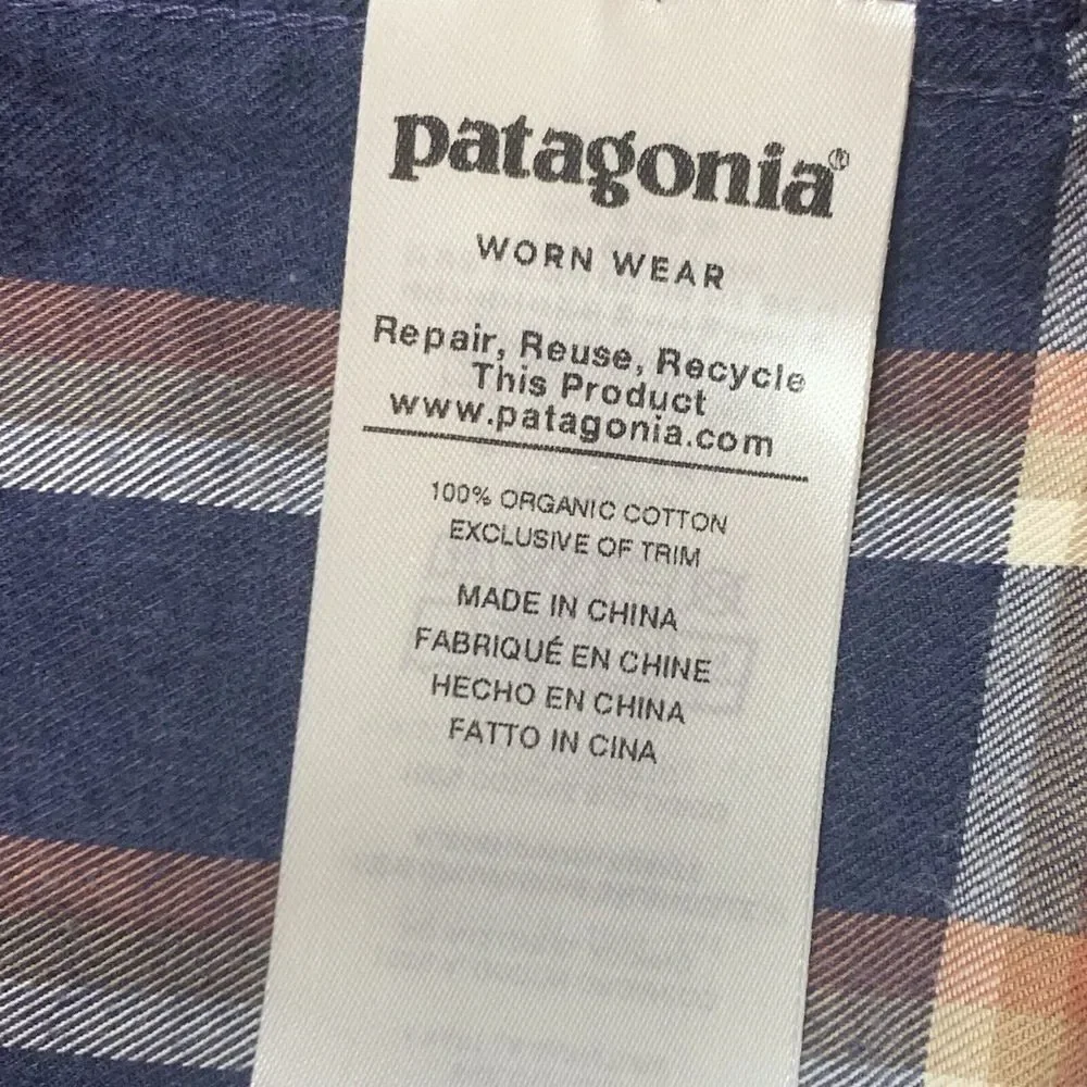 Patagonia Worn Wear Organic Cotton L/S‎ Button Up Shirt Size L Blue Orange Plaid
